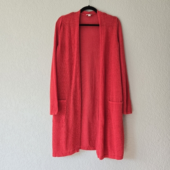 J Jill Orange Open Knit Cardigan Sweater M Tall Long Line Linen Blend - Picture 1 of 6